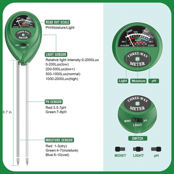 3 in 1 soil meter, measures moisture light & PH levels of your plants soil new - Picture 5 of 13